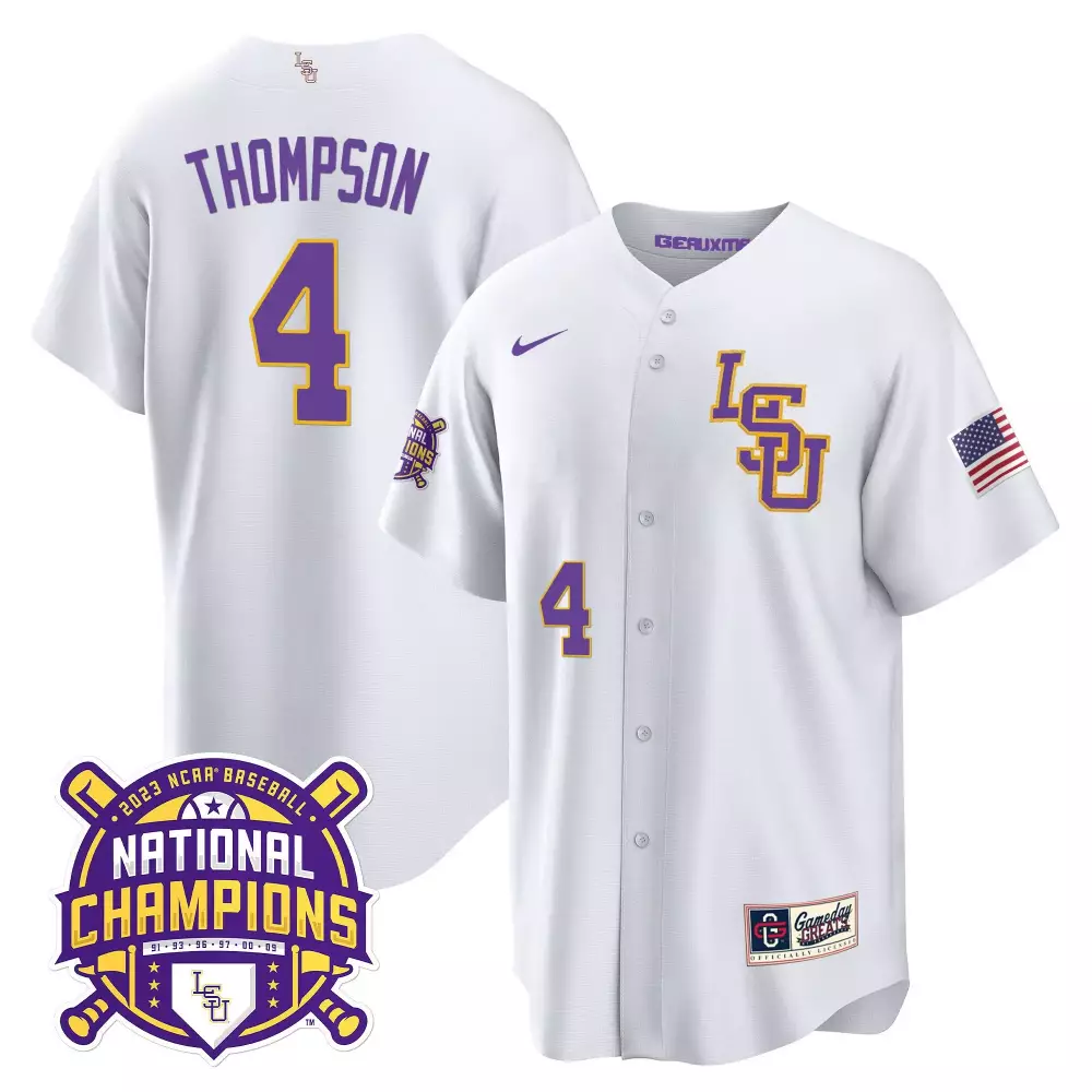 Jordan Thompson LSU Tigers 2023 National Champions Gold Cool Jersey V2 | White Stitched Fan Gear | For Men