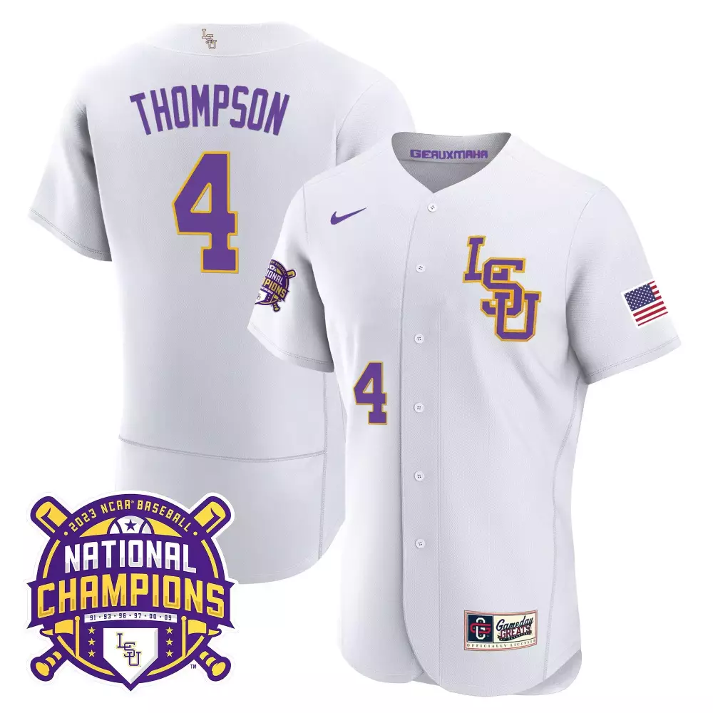 Jordan Thompson LSU Tigers 2023 National Champions Gold Flex Jersey | White Stitched Fan Gear | For Men