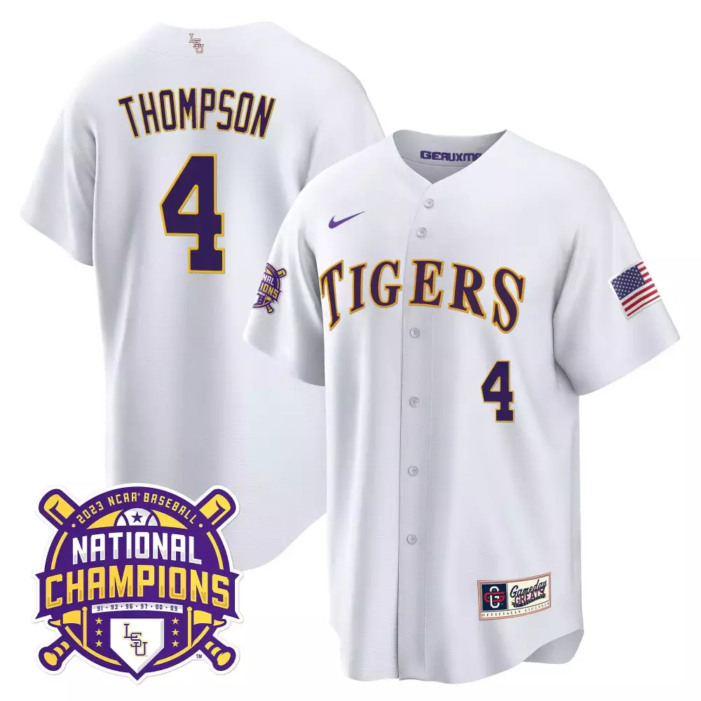 Jordan Thompson LSU Tigers Men's White National Champions Gold Cool Jersey V2 | All Stitched | Limited Edition Fan Gear | For Men, Women & Youth