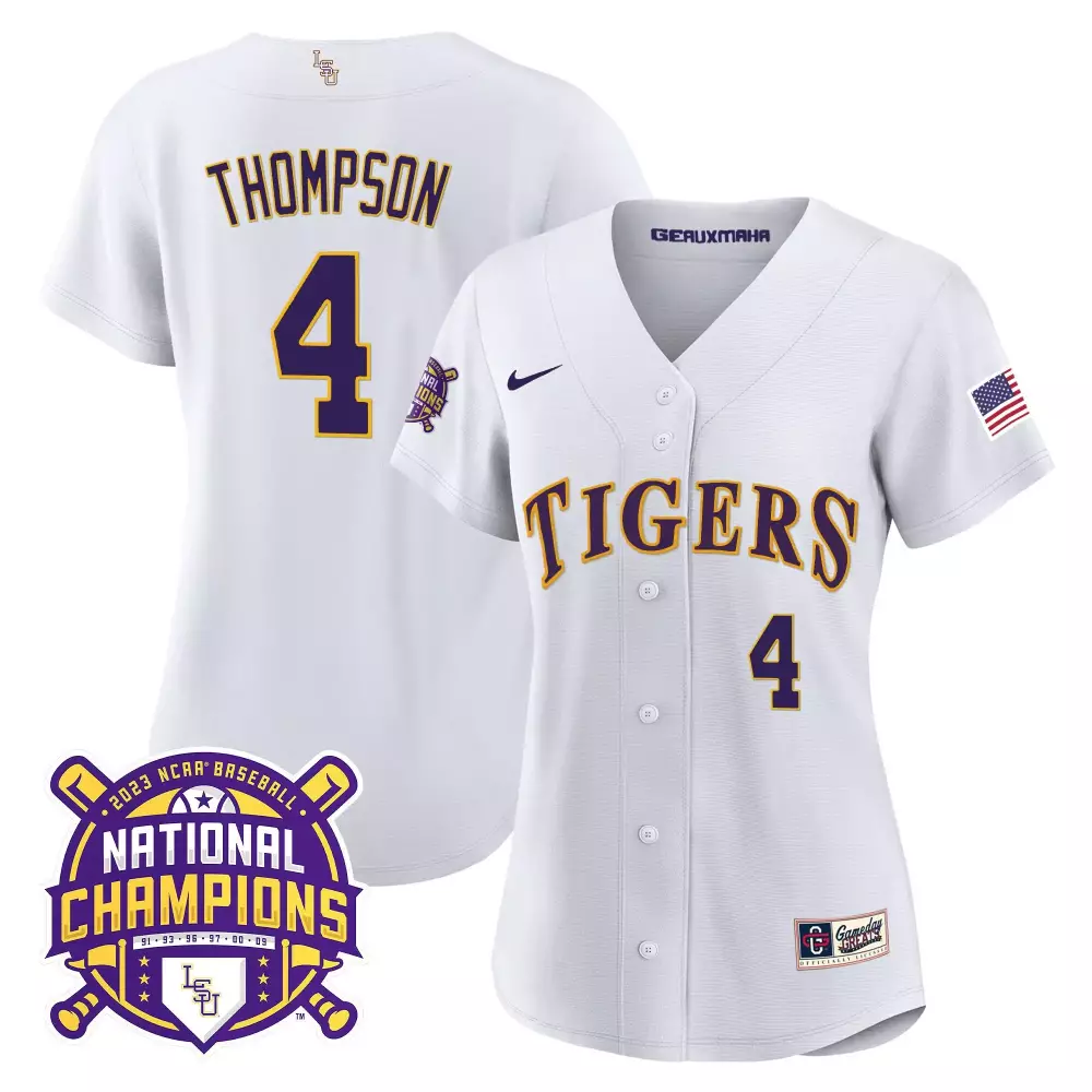 Jordan Thompson LSU Tigers 2023 National Champions Jersey | White Women's Gold Stitched V2 | Fan Gear for Women