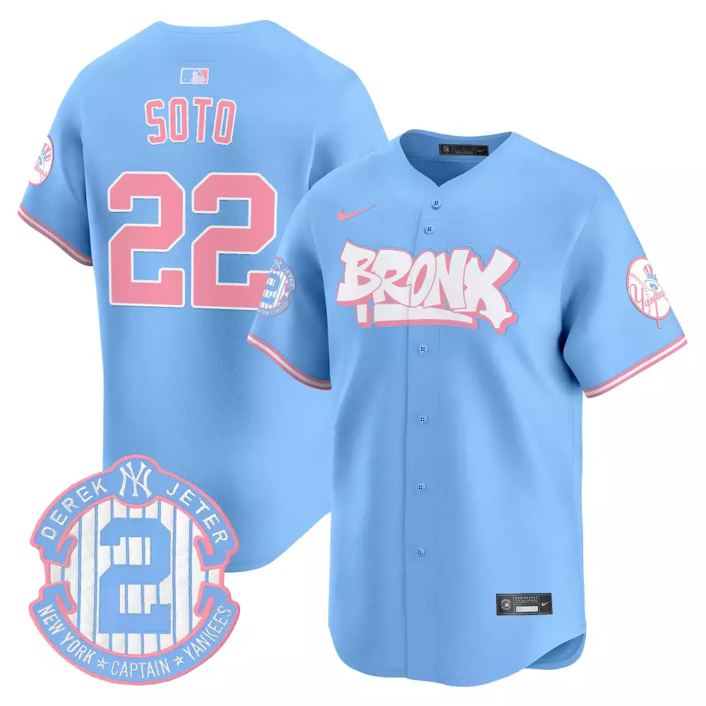 Juan Soto Light Blue Yankees Bronx Graffiti Bubblegum Pink Vapor Premier Limited Jersey V2 | All Stitched | Trendy Fan Gear for Men, Women & Youth
