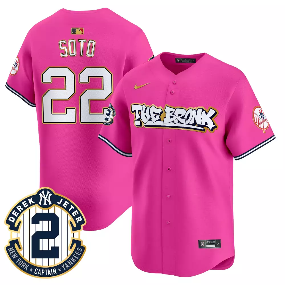 Juan Soto Pink Yankees Bronx Graffiti Gold Trim Vapor Premier Limited Jersey | All Stitched | For Men, Women & Youth