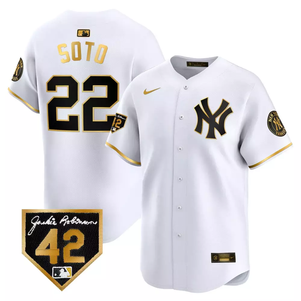 Juan Soto Yankees 2024 White Gold Jersey | Jackie Robinson Patch | Vapor Premier Limited Edition | All Stitched Fan Gear | For Men, Women & Youth