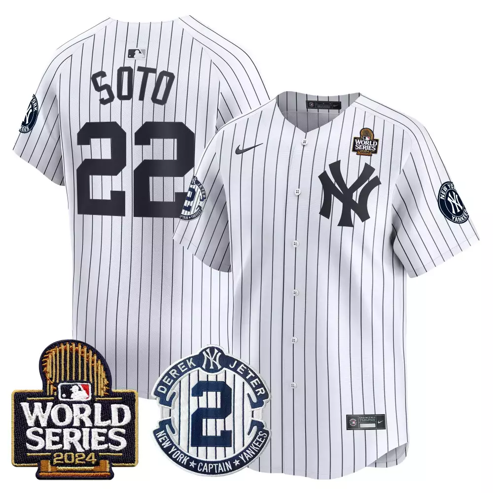Soto Yankees 2024 Derek Jeter Patch World Series Jersey | White Stitched Vapor Premier | Limited Edition Fan Gear for Men, Women & Youth