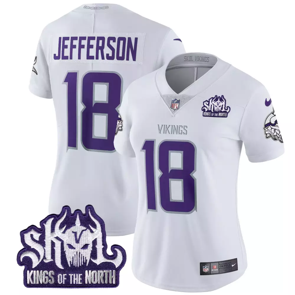 Justin Jefferson Minnesota Vikings Winter Warrior King of the North Patch Throwback Vapor Limited Jersey | White Stitched Fan Gear | For Women