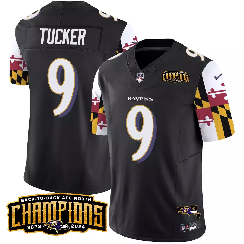 Justin Tucker Baltimore Ravens Maryland Flag Back to Back AFC North Champions Patch Vapor Limited Jersey | Stitched for Men, Women & Youth