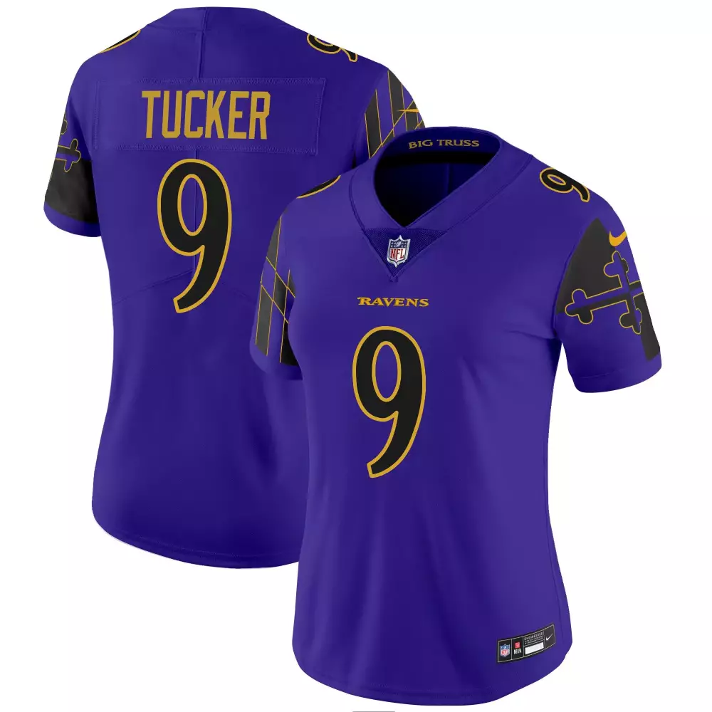 Justin Tucker Baltimore Ravens Women's Purple Limited Jersey | Maryland Flag | Stitched | For Men, Women & Youth