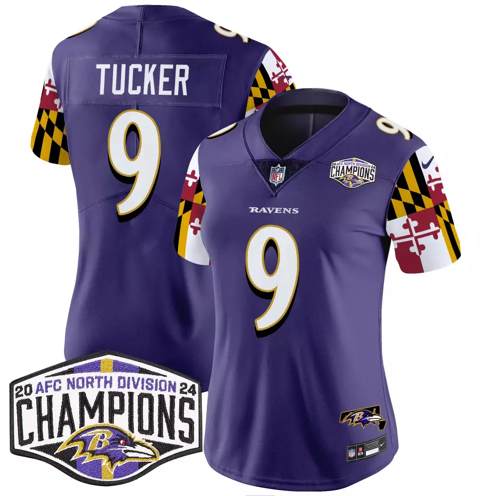 Justin Tucker Baltimore Ravens Maryland Flag 2024 AFC North Champions Patch Vapor Limited Jersey | Stitched Fan Gear for Women | For Women, Men & Youth