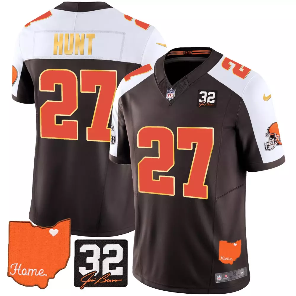 Kareem Hunt Alternate Men's Cleveland Browns 32 Jim Brown Memorial Home Patch Jersey | Stitched | Limited Edition Fan Gear | For Men, Women & Youth