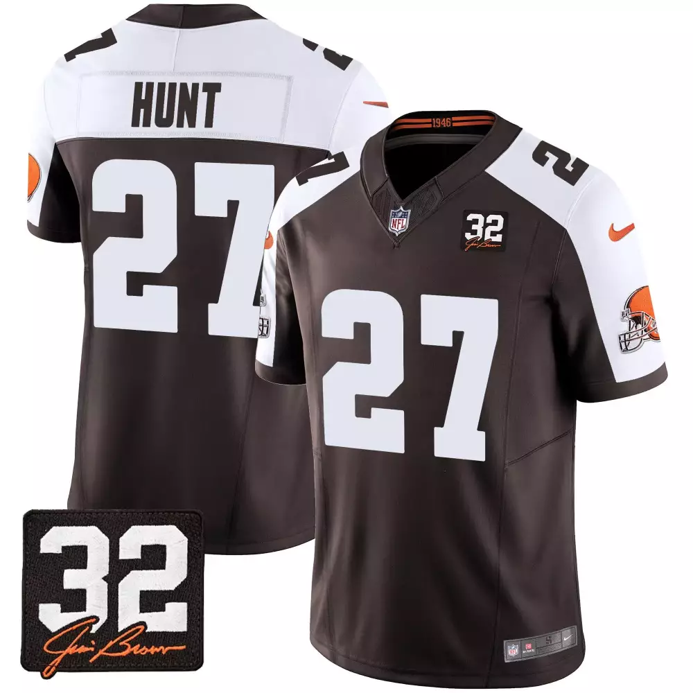 Kareem Hunt Alternate Men's Cleveland Browns 32 Jim Brown Memorial Patch Vapor Limited Jersey V2 | Stitched | Limited Edition Fan Gear | For Men, Women & Youth