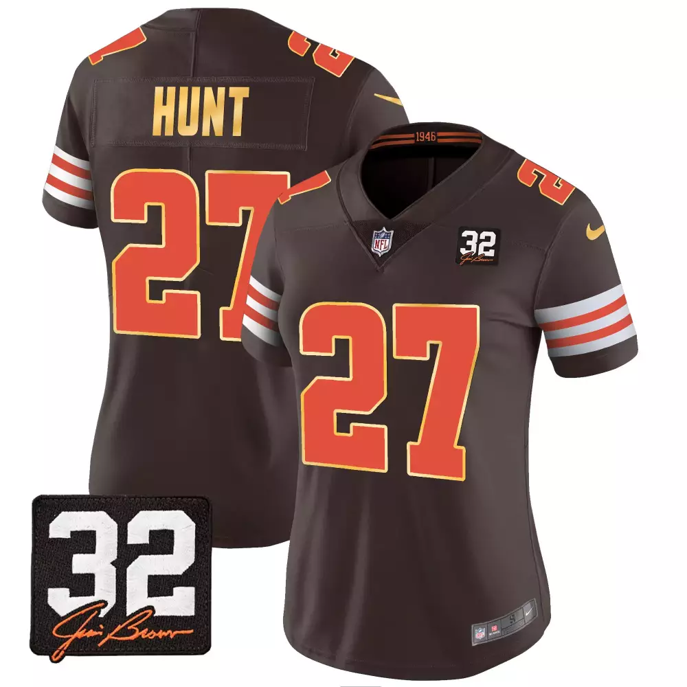 Kareem Hunt Cleveland Browns 32 Jim Brown Memorial Patch Jersey | Gold Trim | Stitched Fan Gear for Women