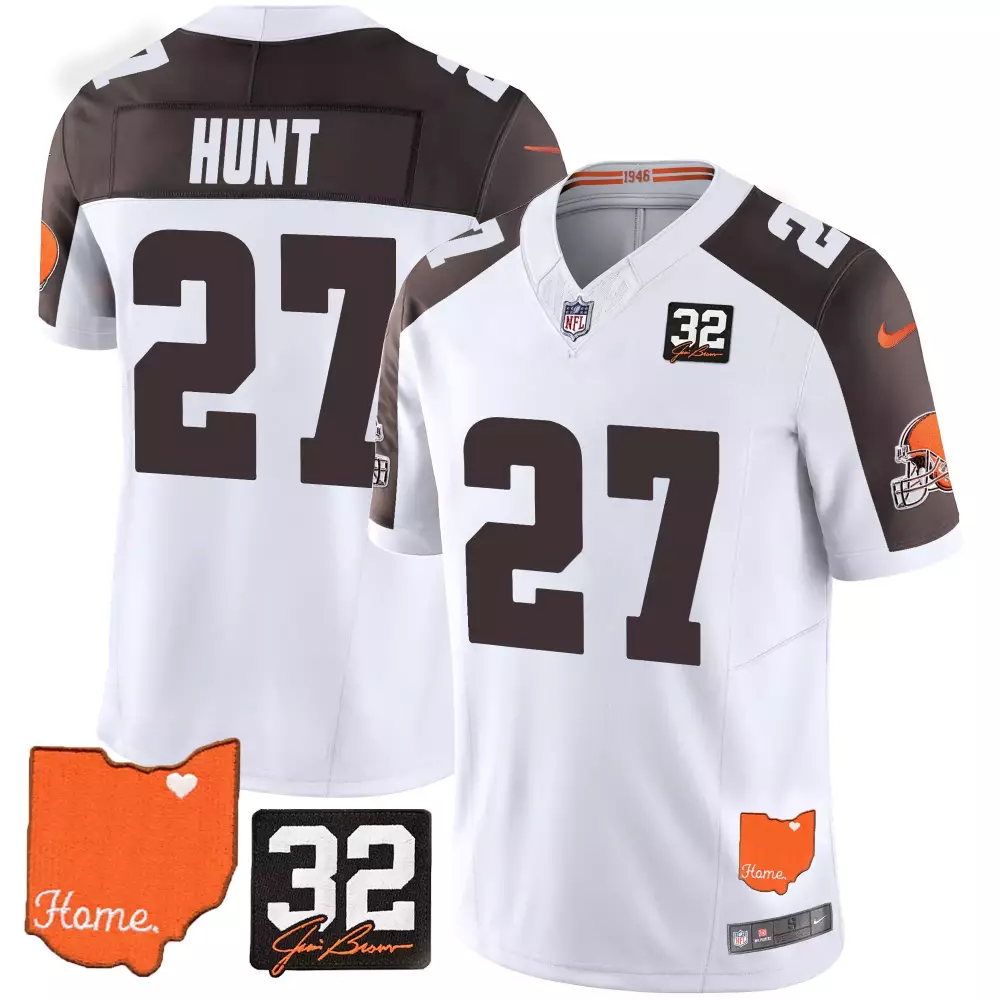 Kareem Hunt Cleveland Browns Inverted 32 Jim Brown Memorial Home Jersey V2 | Stitched Fan Gear for Men, Women & Youth