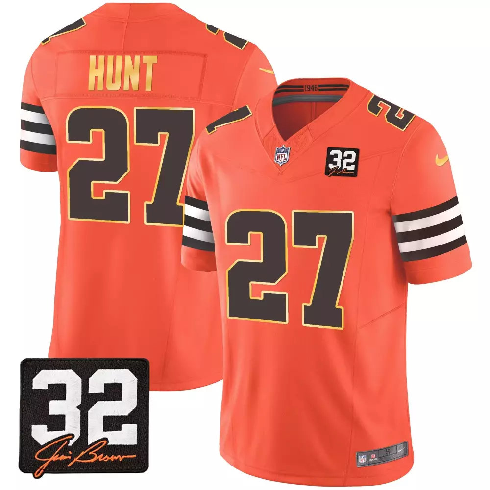 Kareem Hunt Cleveland Browns Orange 32 Jim Brown Memorial Patch Jersey | Gold Trim | Stitched Fan Gear for Men, Women & Youth