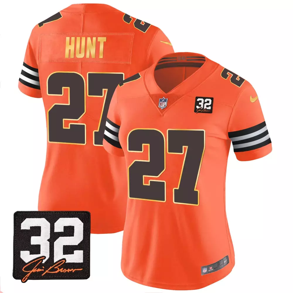 Kareem Hunt Cleveland Browns 32 Jim Brown Memorial Patch Gold Trim Jersey | Orange Stitched | Limited Edition Fan Gear | For Men, Women & Youth