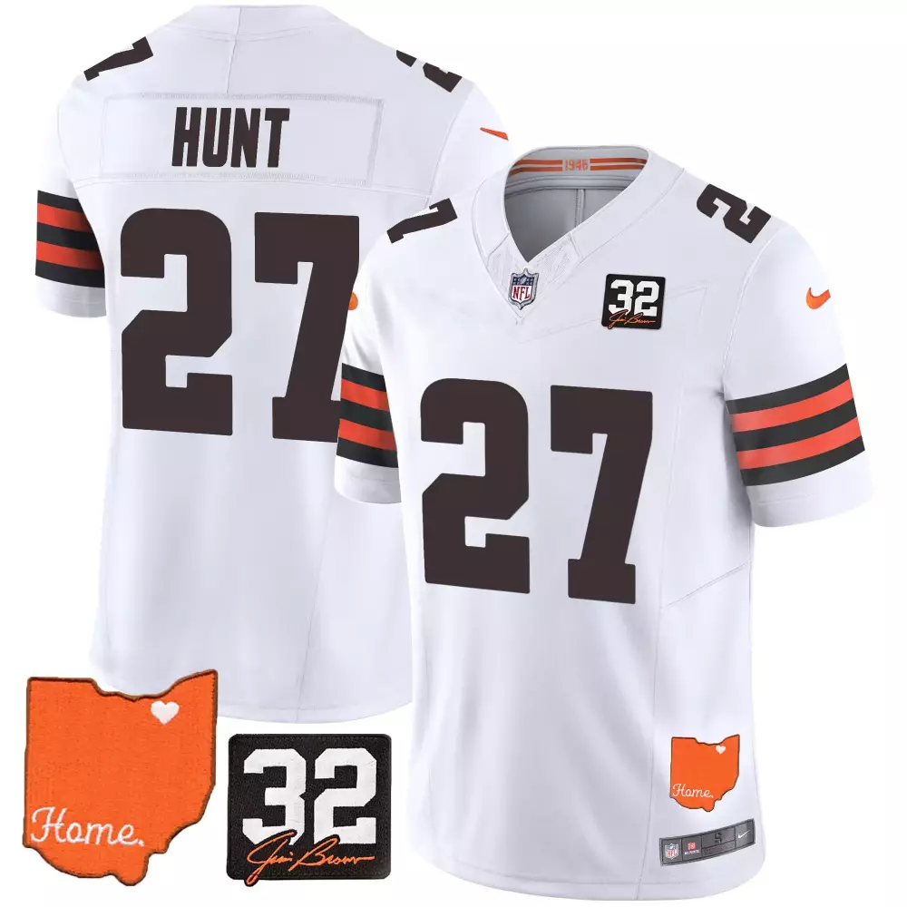 Kareem Hunt Cleveland Browns 32 Jim Brown Memorial Home Patch Jersey | White Stitched | Replica Fan Gear | For Men, Women & Youth
