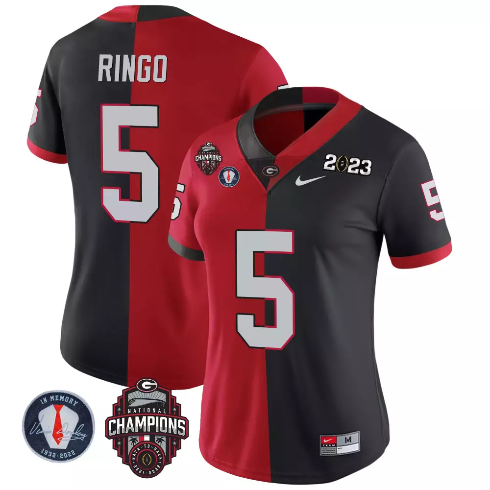Kelee Ringo Split Red Black Women's Georgia Bulldogs 2023 Vince Dooley Patch Alternate Jersey | Stitched Design | Replica Fan Gear | For Men, Women & Youth