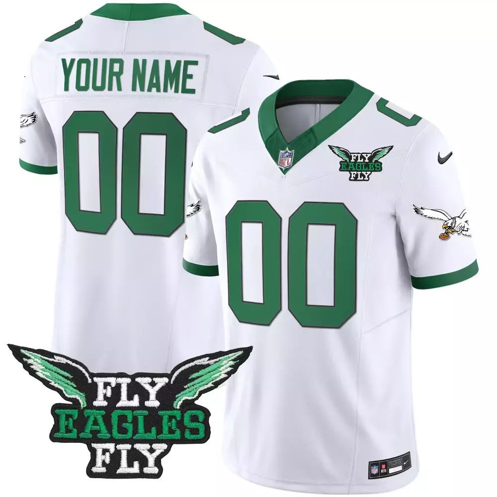 Youth Kelly White Philadelphia Eagles Fly Patch Throwback Jersey | Custom Kelly Green Vapor | Stitched Fan Gear for Men, Women & Youth
