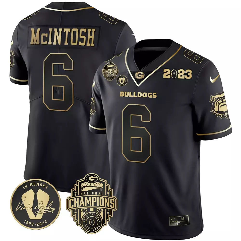 Kenny McIntosh Georgia Bulldogs 2023 Champions Vince Dooley Patch Gold Jersey | Stitched Fan Gear | For Men, Women & Youth