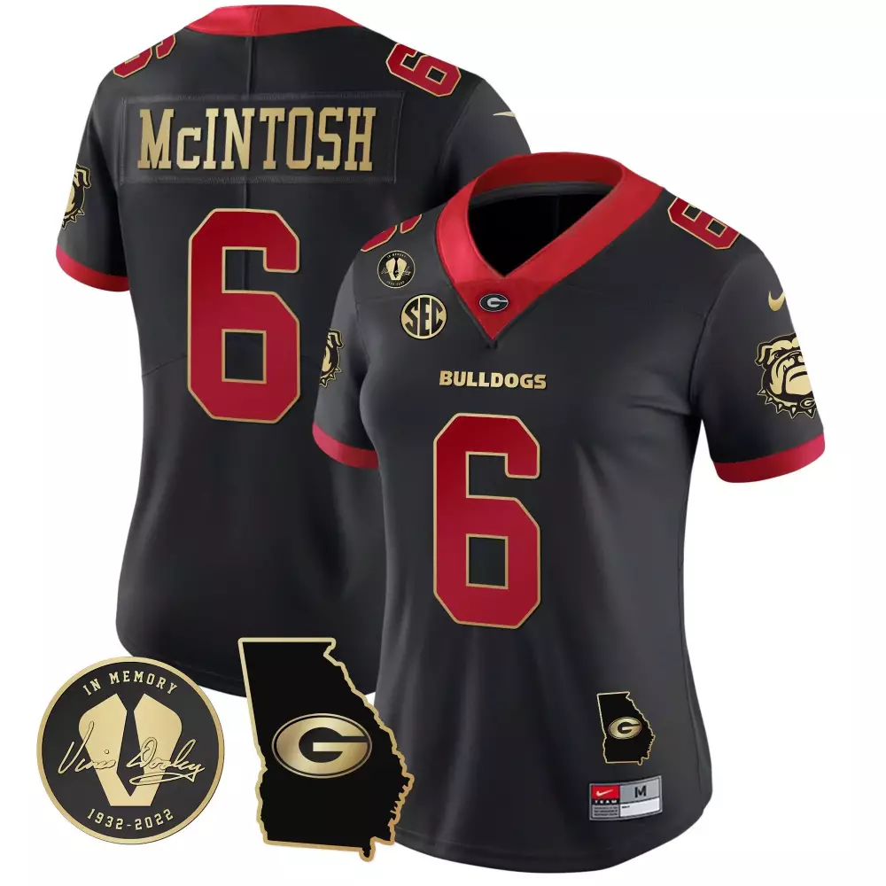 Kenny McIntosh Gold Trim Women's Georgia Bulldogs 2023 Vapor Jersey Georgia Map | Stitched Fan Gear | For Men, Women & Youth