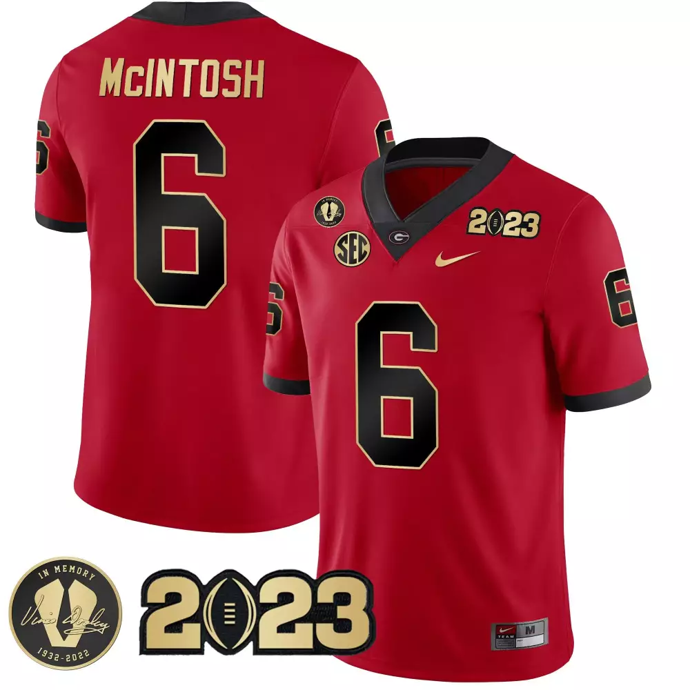 Kenny McIntosh Red & Gold Trim 2023 Champions V2 Jersey | All Stitched | Replica Fan Gear for Men, Women & Youth
