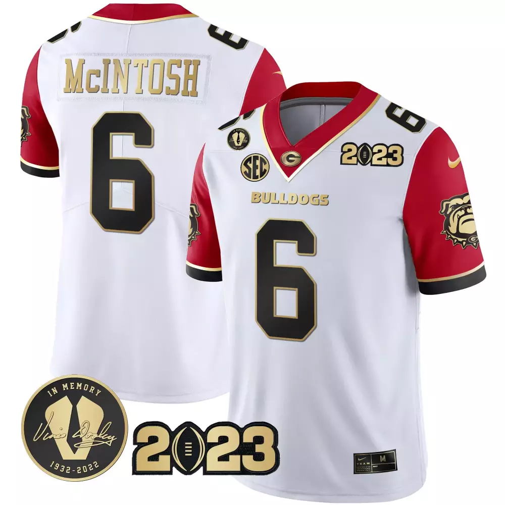 Kenny McIntosh Georgia Bulldogs 2023 Champions Red Jersey with Gold Sleeves | Stitched Fan Gear | For Men, Women & Youth