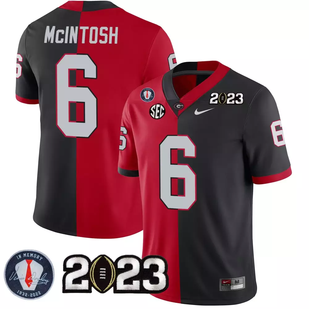 Kenny McIntosh Georgia Bulldogs 2023 Champions Split Red & Black Jersey with White Accents | Stitched Fan Gear | For Men, Women & Youth