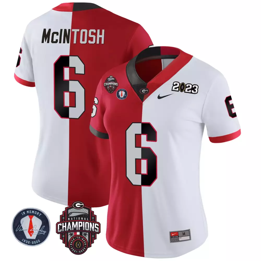Kenny McIntosh Georgia Bulldogs 2023 Vince Dooley Patch Alternate Women's Split Red & White Jersey | Stitched Fan Gear | For Women