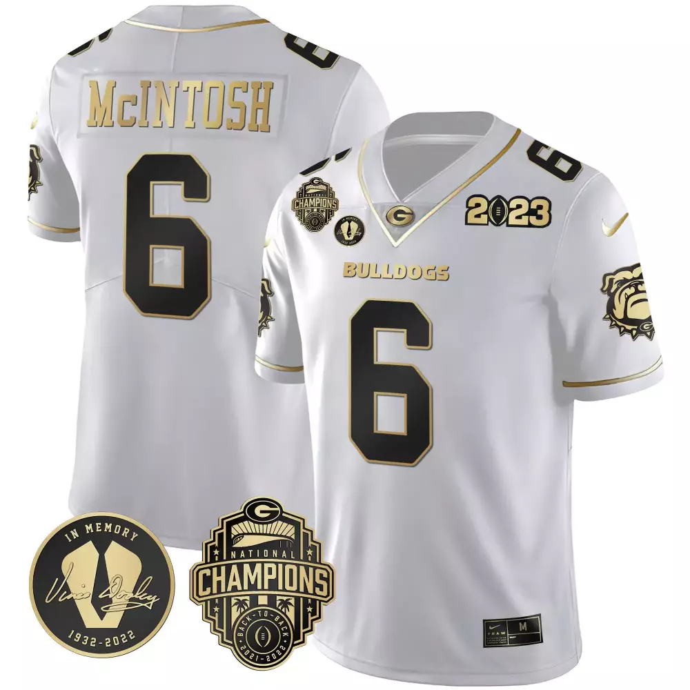Kenny McIntosh Men's 2023 Champions Vince Dooley Patch Gold Jersey | White Gold | Stitched Fan Gear for Game Day | For Men, Women & Youth