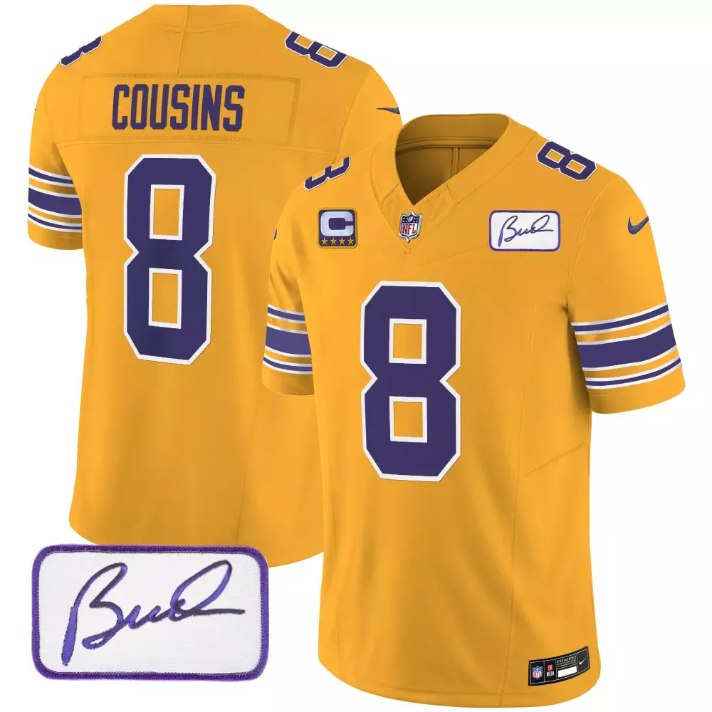 Kirk Cousins Gold Youths Minnesota Vikings Bud Grant Patch Classic Jersey | All Stitched | For Men, Women & Youth