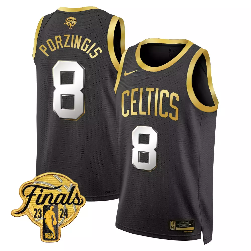 Kristaps Porzingis Black Gold 2024 Finals Patch Swingman Jersey | Stitched Boston Celtics Fan Gear | For Men, Women & Youth
