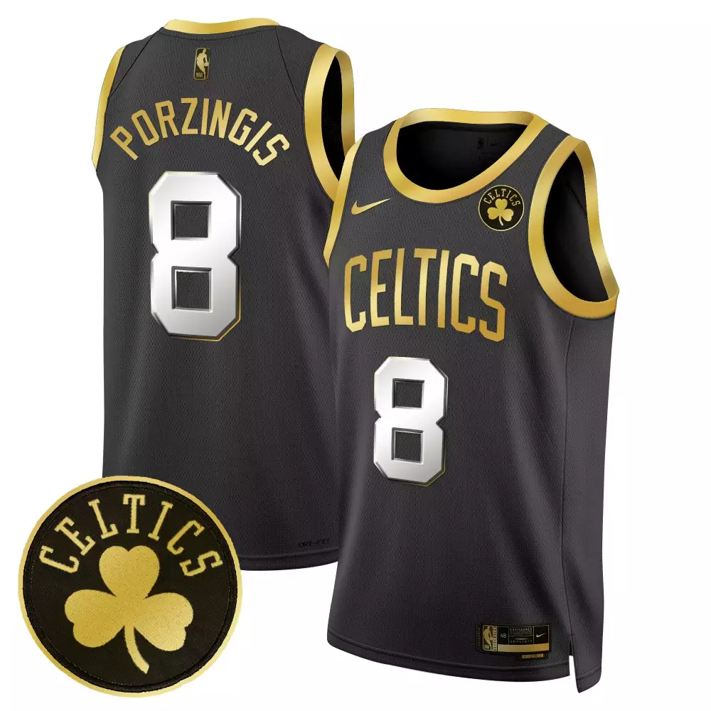 Kristaps Porzingis Black Gold Swingman Jersey | Stitched Boston Celtics Fan Gear | For Men, Women & Youth