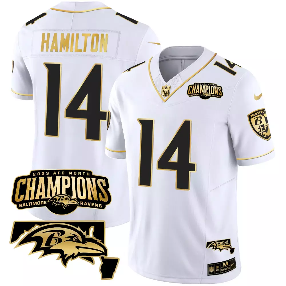 Kyle Hamilton 2023 White Gold Jersey | Baltimore Ravens AFC North Champions | All Stitched Fan Gear | For Men, Women & Youth