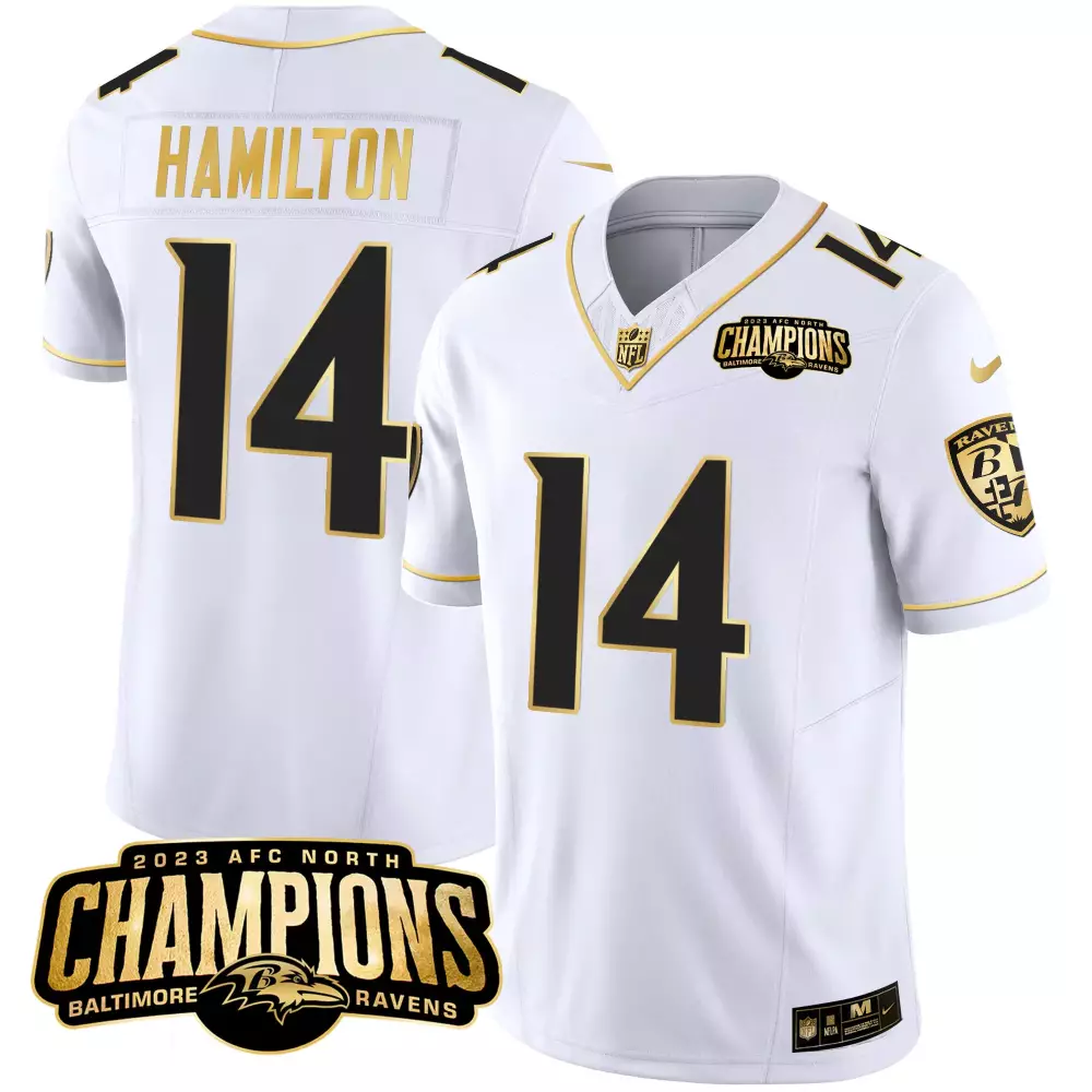 Kyle Hamilton Men's White Gold Jersey | Baltimore Ravens AFC North Champions Patch | Gold Vapor | For Men, Women & Youth