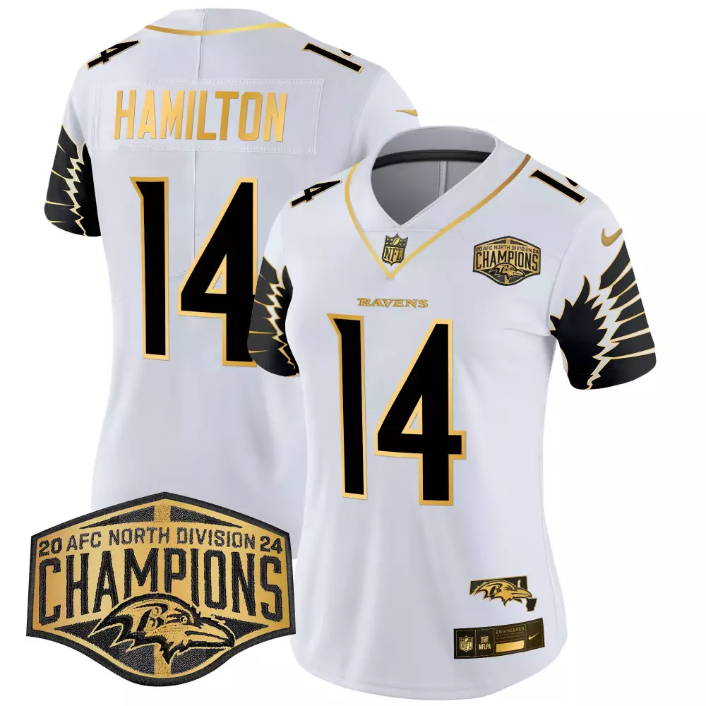 Kyle Hamilton Women's White Gold Jersey | Baltimore Ravens Maryland AFC North Champions Patch | Gold Vapor Limited | For Men, Women & Youth