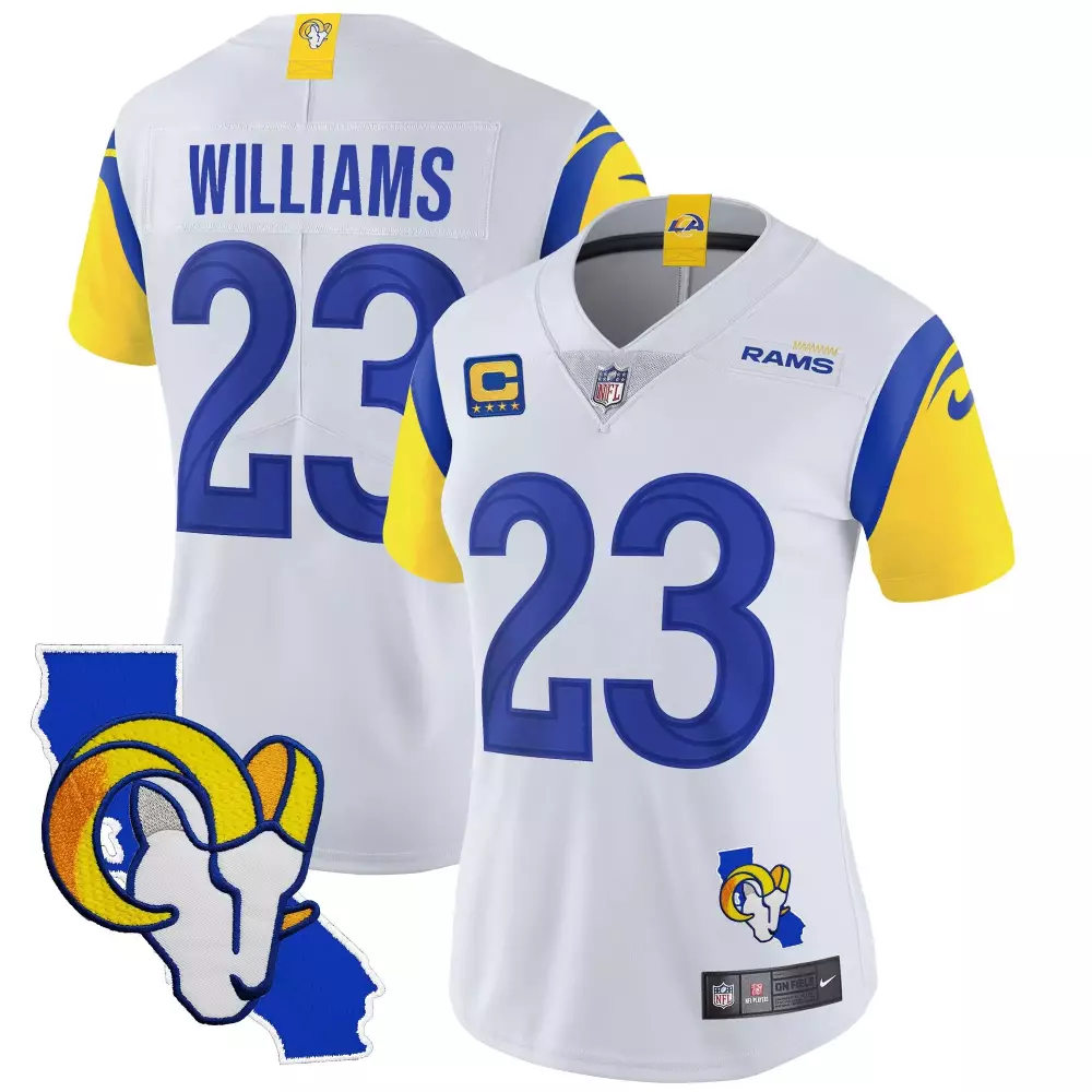 Kyren Williams White California Patch Jersey | Stylish Fan Gear for Women | All Stitched