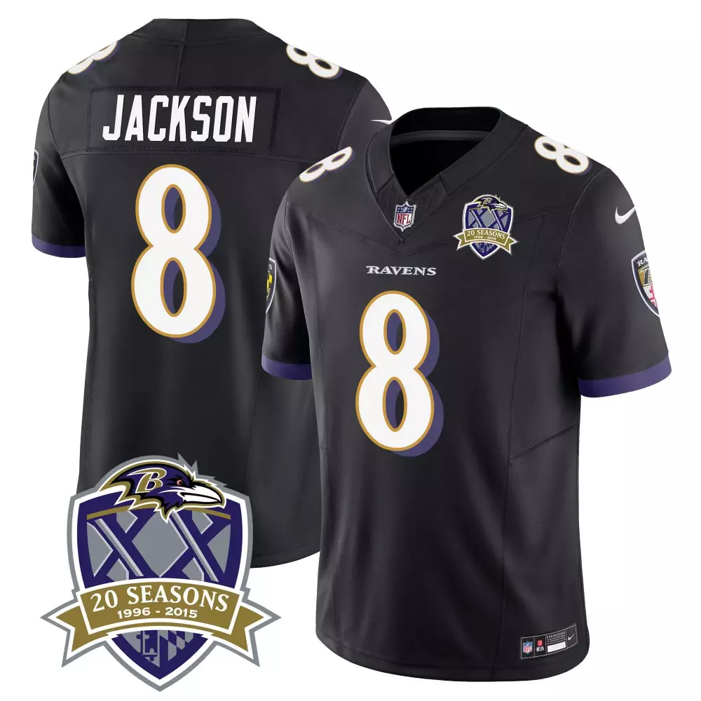 Lamar Jackson Baltimore Ravens 20th Season Patch Black Vapor Limited Jersey | Stitched Fan Gear | For Men, Women & Youth