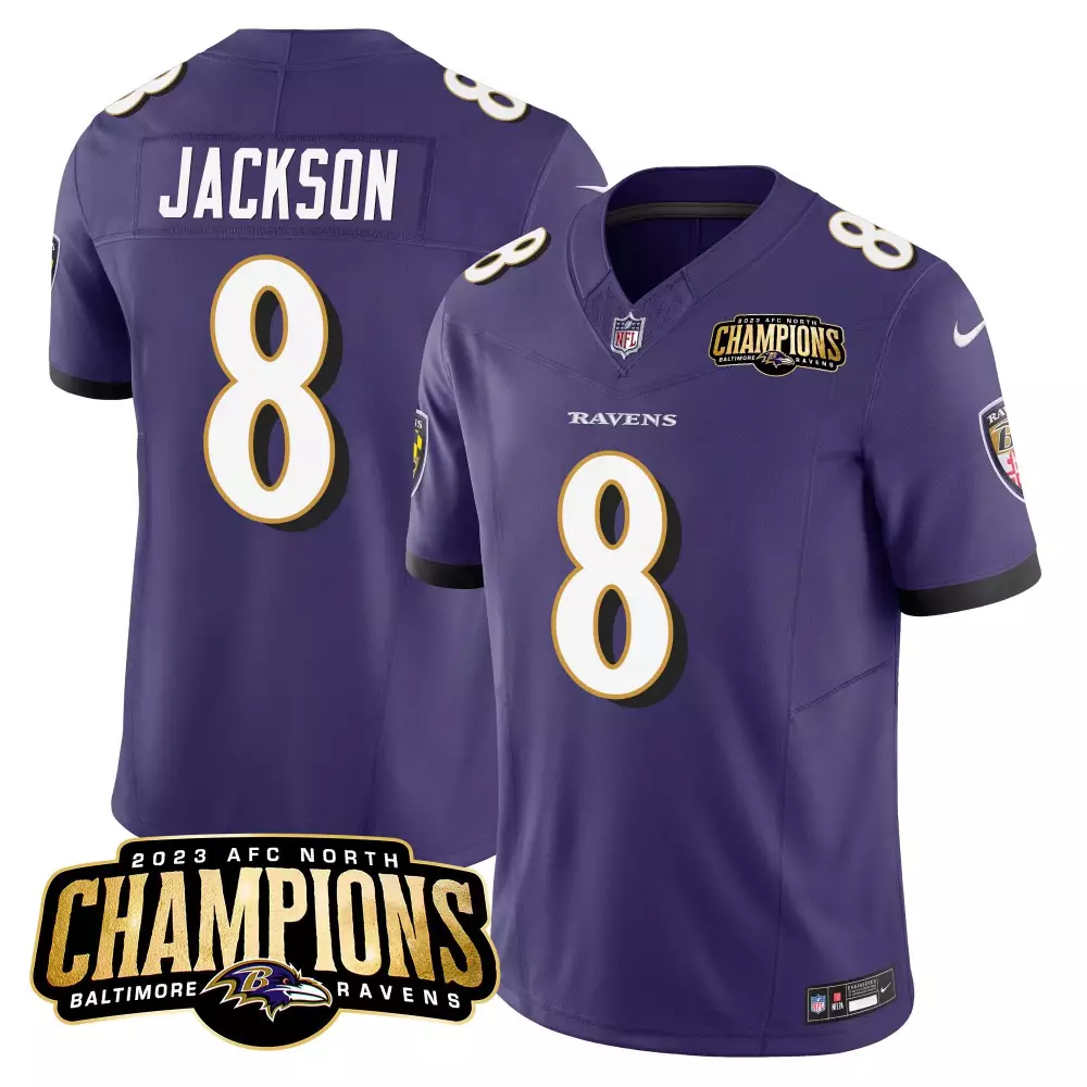 Lamar Jackson Baltimore Ravens Purple 2023 AFC North Champions Patch Vapor Limited Jersey | Stitched for All Ages