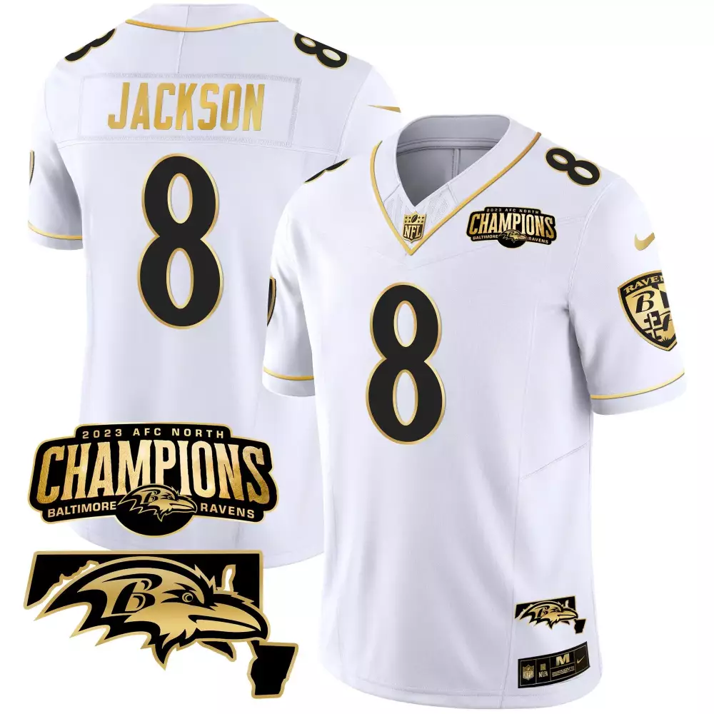 Lamar Jackson Men's Baltimore Ravens White Gold Jersey | 2023 AFC North Champions Maryland Patch | For Men, Women & Youth