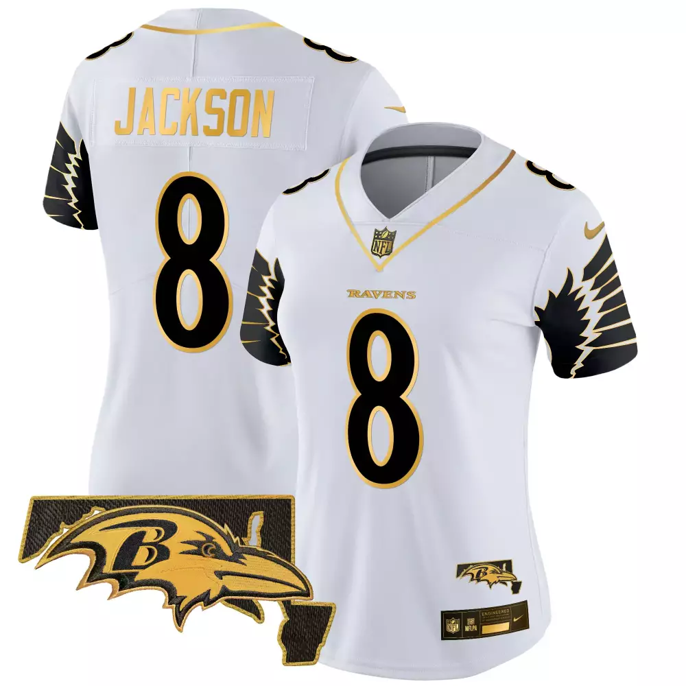 Lamar Jackson Women's Baltimore Ravens White Gold Jersey | Maryland Patch Vapor Limited Edition V2 | For Men, Women & Youth