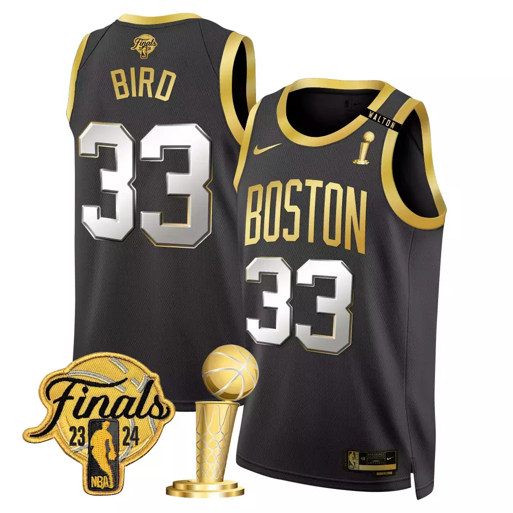 Larry Bird Black Gold 2024 Champions Patch Swingman Jersey V2 | Stitched Boston Celtics Fan Gear | For Men, Women & Youth