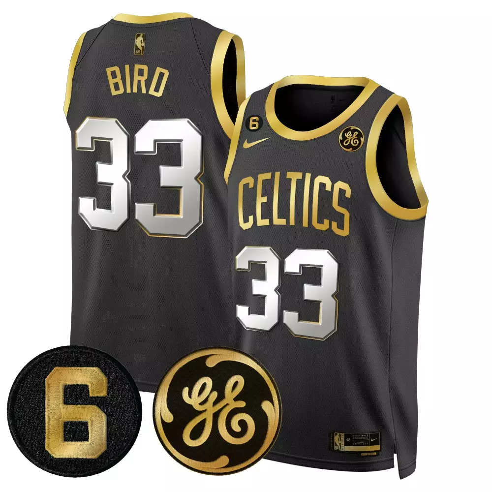Larry Bird Black Gold Bill Russell & John Havlicek Patch Jersey | Stitched Boston Celtics Fan Gear | For Men, Women & Youth