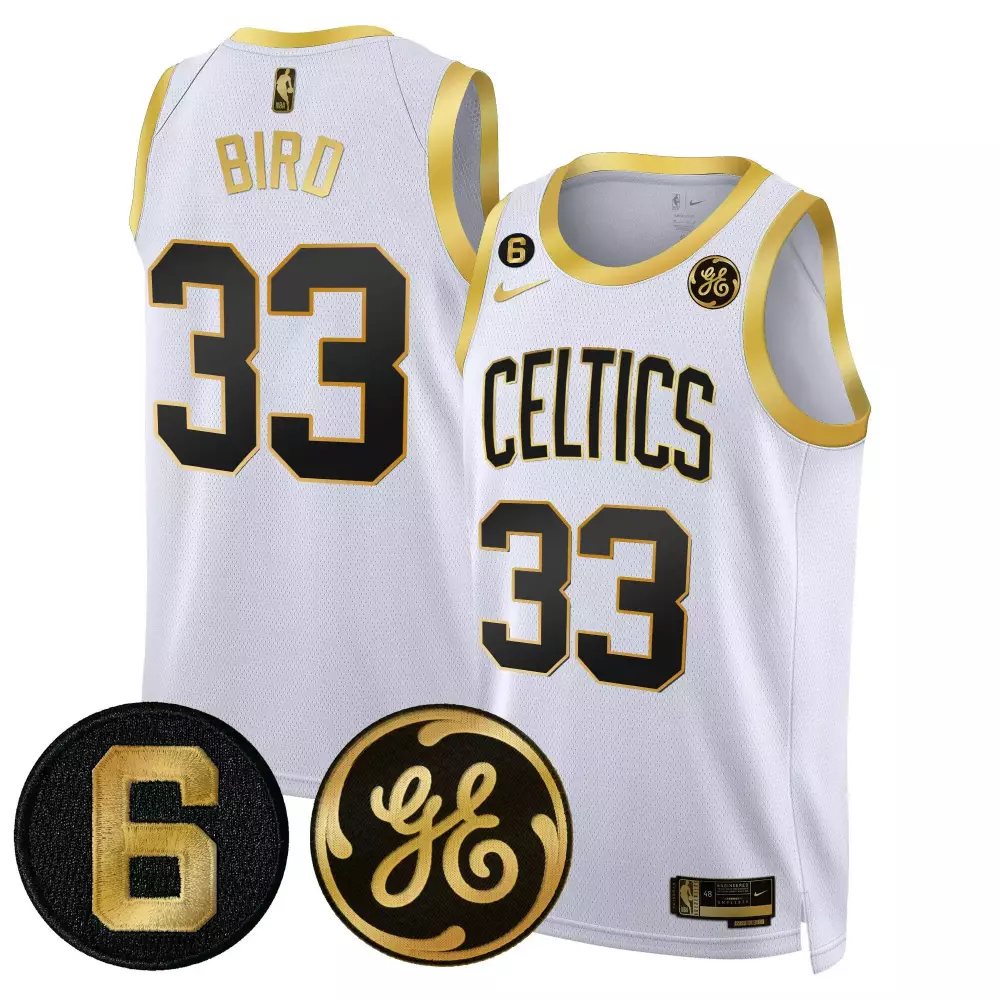 Larry Bird Boston Celtics Bill Russell John Havlicek Patch Jersey | White Gold Stitched | Game Day Outfit | For Men, Women & Youth