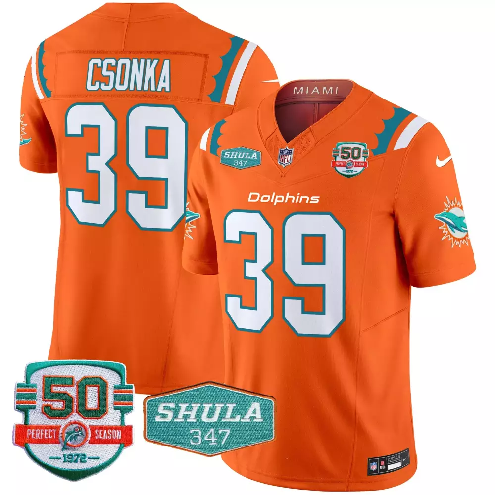 Larry Csonka Miami Dolphins Orange Men's 50th Don Shula 347 Memorial Patch Vapor Limited Jersey | All Stitched Fan Gear | For Men, Women & Youth