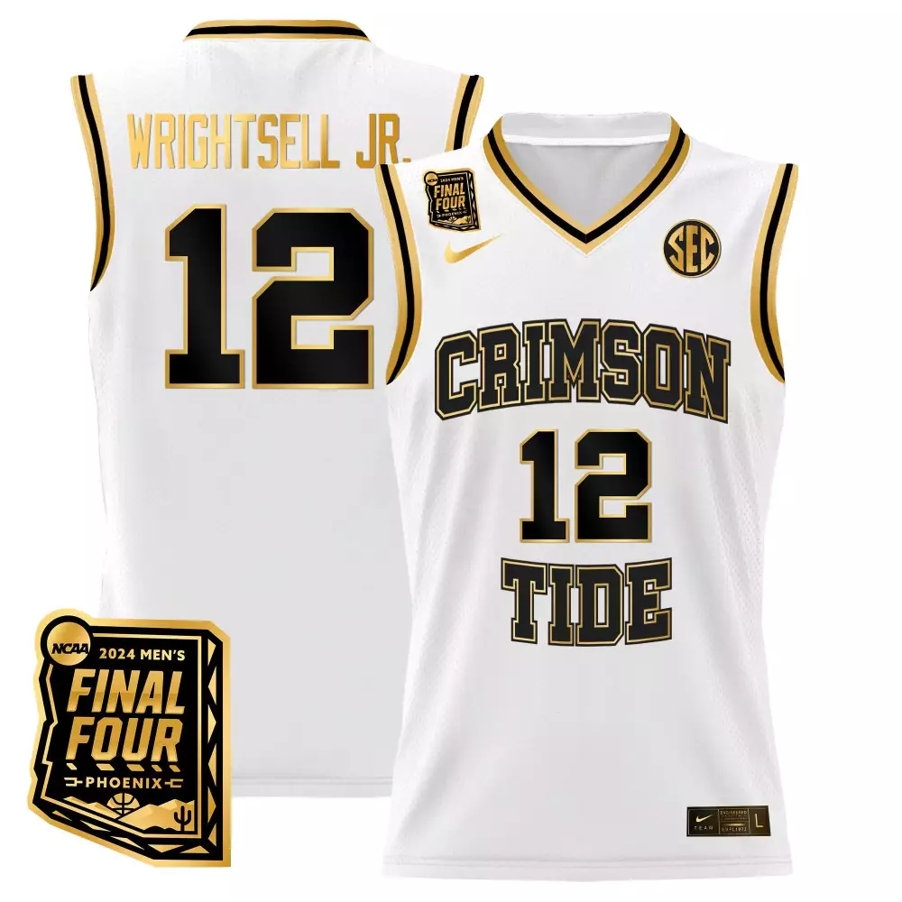 Latrell Wrightsell Jr. Alabama Crimson Tide 2024 Final Four Patch Basketball Jersey | Stitched White & Gold | Fan Gear for Men, Women & Youth