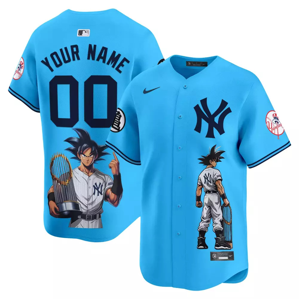 Light Blue Yankees Dragon Ball Goku Jersey | Men's Vapor Premier Limited Edition | Printed Custom Gear | For Men, Women & Youth