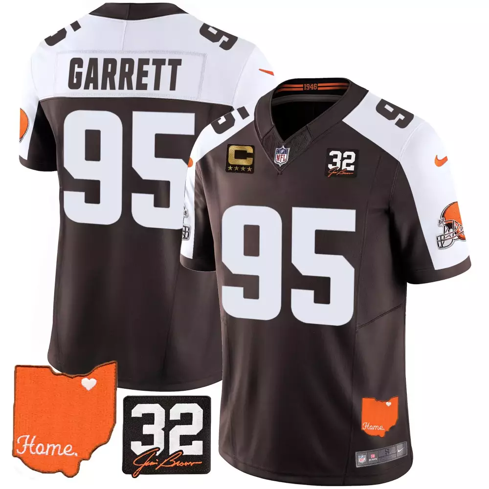 Men's Alternate Myles Garrett Cleveland Browns 32 Jim Brown Memorial Home Patch Jersey | Orange Stitched | Limited Edition Fan Gear | For Men, Women & Youth