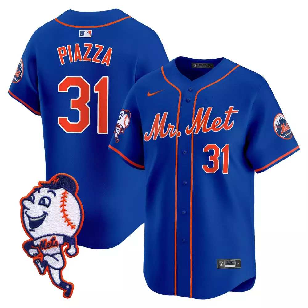 Mike Piazza New York Mets Royal Mr. Met Patch Vapor Premier Jersey | Limited Edition Stitched Fan Gear | For Men, Women & Youth