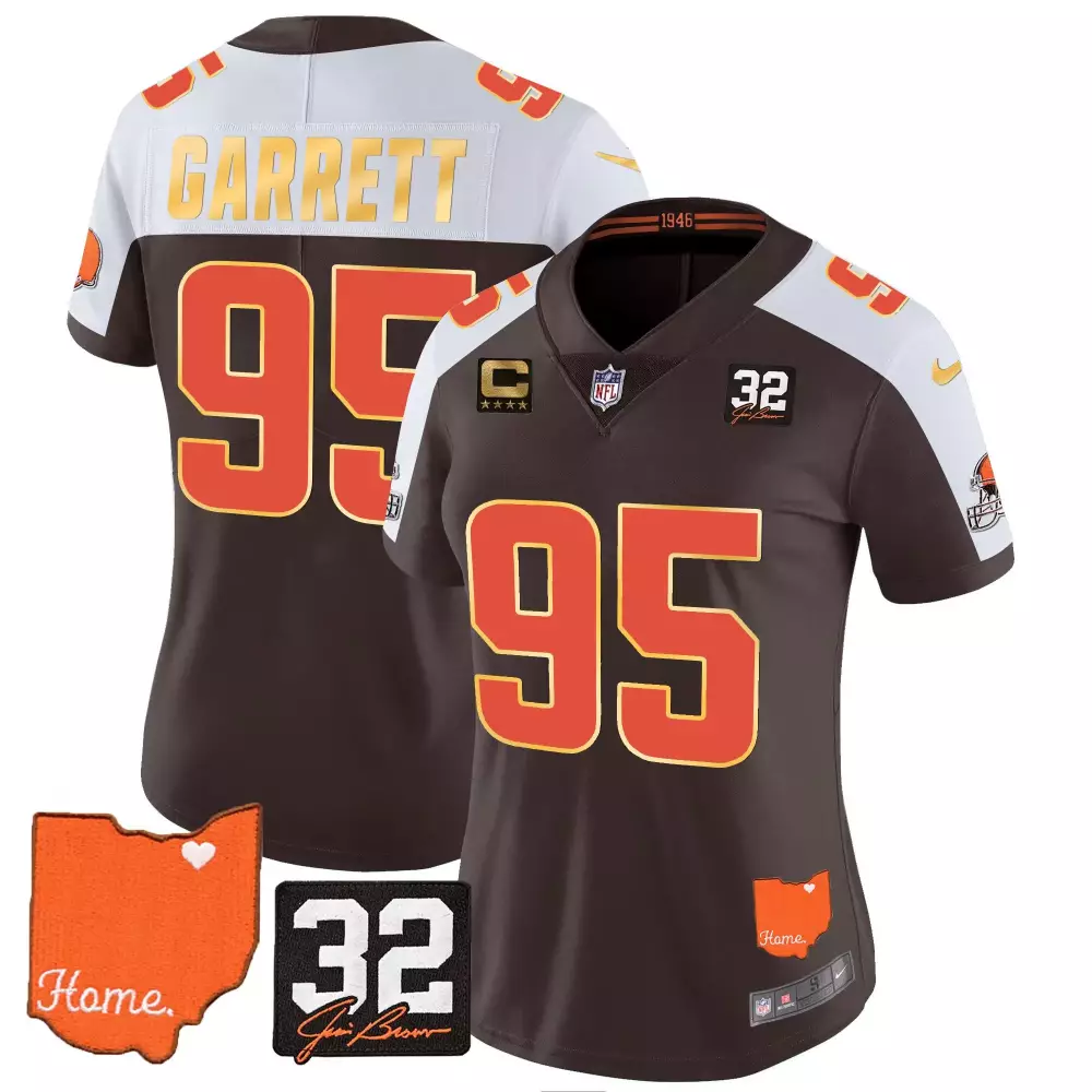 Myles Garrett Cleveland Browns Women's 32 Jim Brown Memorial Gold Trim Jersey | Stitched Fan Gear | For Women & Youth