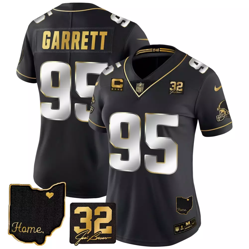 Myles Garrett Cleveland Browns Black Women's 32 Jim Brown Memorial Home Patch Gold Jersey | Stitched Fan Gear | For Women & Youth