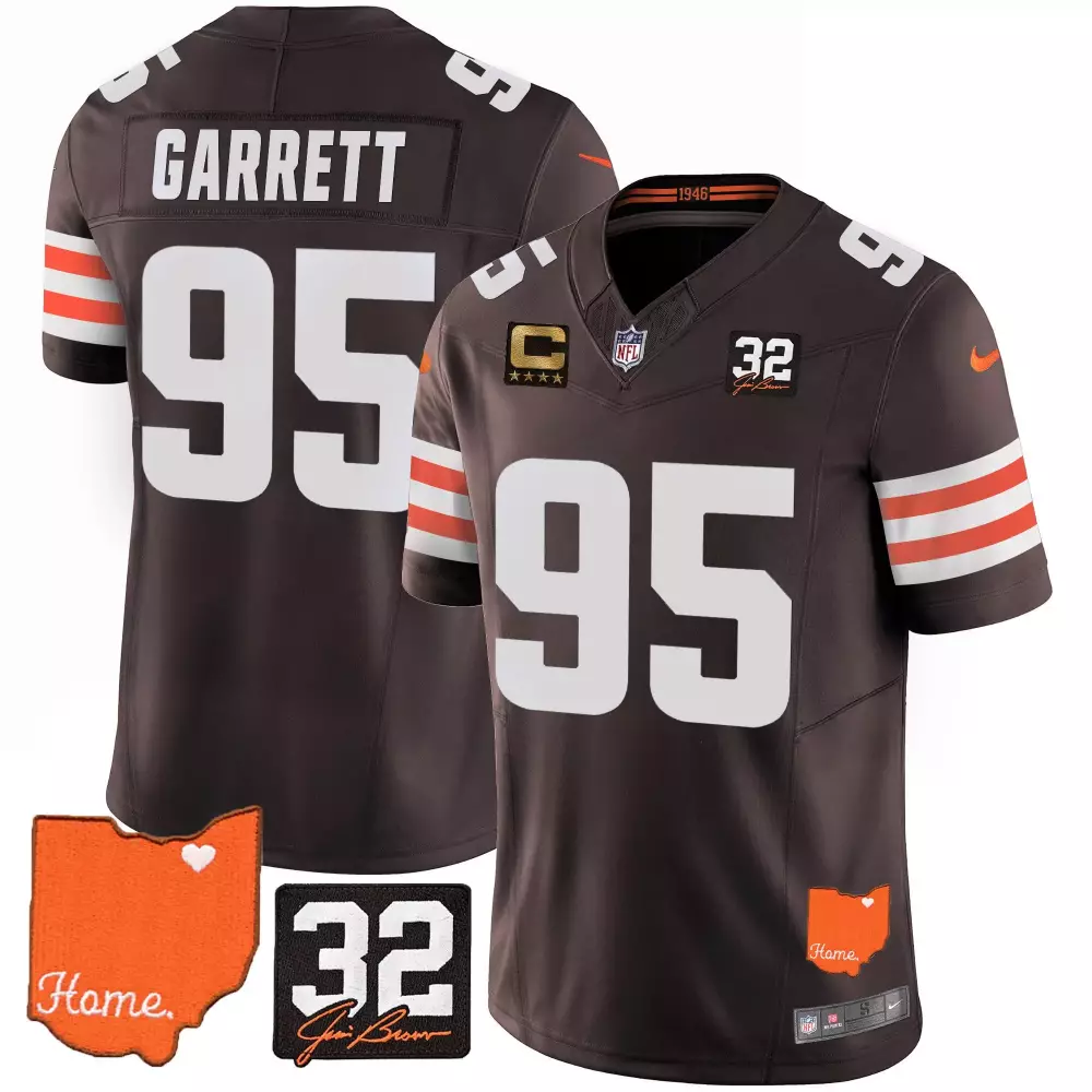 Myles Garrett Cleveland Browns Brown Men's 32 Jim Brown Memorial Patch Gold Trim Jersey | Stitched Fan Gear | For Men, Women & Youth